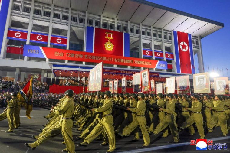 Troops march during a parade commemorating the anniversary of the Korean War armistice in Pyongyang, North Korea, July 27, 2025 in this picture released by North Korea's official Korean Central News Agency. KCNA via REUTERS ATTENTION EDITORS - THIS IMAGE WAS PROVIDED BY A THIRD PARTY. REUTERS IS UNABLE TO INDEPENDENTLY VERIFY THIS IMAGE. NO THIRD PARTY SALES. SOUTH KOREA OUT. NO COMMERCIAL OR EDITORIAL SALES IN SOUTH KOREA.