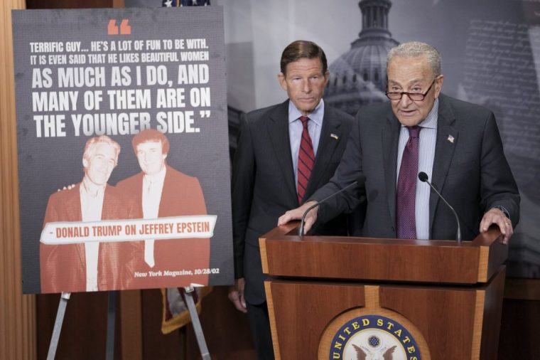 US Senate Minority Leader Chuck Schumer (R), Democrat from New York, alongside Senator Richard Blumenthal (L), Democrat from Connecticut, speaks during a news conference calling on the Trump administration to release further information on the Jeffrey Epstein case, at the US Capitol in Washington, DC, on July 30, 2025. Democrats moved Wednesday to force US President Donald Trump to release files from the investigation into notorious sex offender Jeffrey Epstein, invoking an obscure law to keep up the pressure on an issue that has roiled the US president's administration. President Trump said on July 29 that he fell out with Jeffrey Epstein because the convicted sex offender had poached staff from his club's spa, including the woman at the center of an underage sex scandal involving Prince Andrew. Trump also confirmed that one of the Mar-a-Lago spa attendants taken by his longtime friend Epstein was Virginia Giuffre, who brought a civil case against Epstein friend Prince Andrew, accusing him of sexually assaulting her when she was 17. (Photo by Oliver Contreras / AFP) (Photo by OLIVER CONTRERAS/AFP via Getty Images)