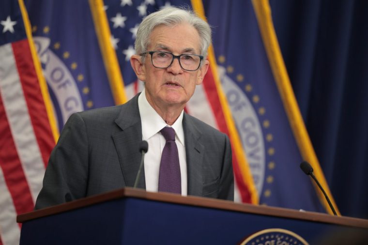 WASHINGTON, DC - JULY 30: Federal Reserve Chairman Jerome Powell talks to reporters following the regular Federal Open Market Committee meetings at the Fed on July 30, 2025 in Washington, DC. Despite great pressure from President Donald Trump to lower rates, the U.S. central bank left interest rates unchanged at a range of 4.25 percent to 4.5 percent. (Photo by Chip Somodevilla/Getty Images)