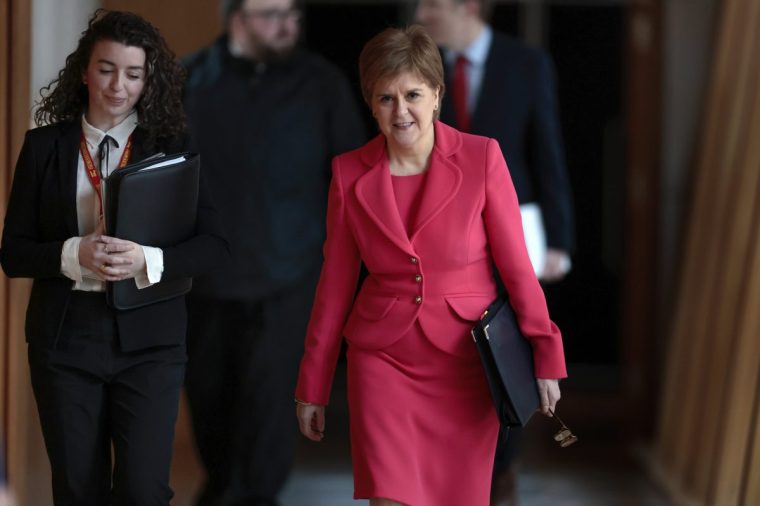 EDINBURGH, SCOTLAND - FEBRUARY 02: Scotland's First Minister Nicola Sturgeon arrives for FMQ's at the Scottish Parliament Building on February 02, 2023 in Edinburgh, Scotland. Today's agenda features questions to First Minister Nicola Sturgeon and Ministers for Education and Skills, Parliamentary Bureau Motions, and a debate on the 2023-24 Budget. (Photo by Jeff J Mitchell/Getty Images)