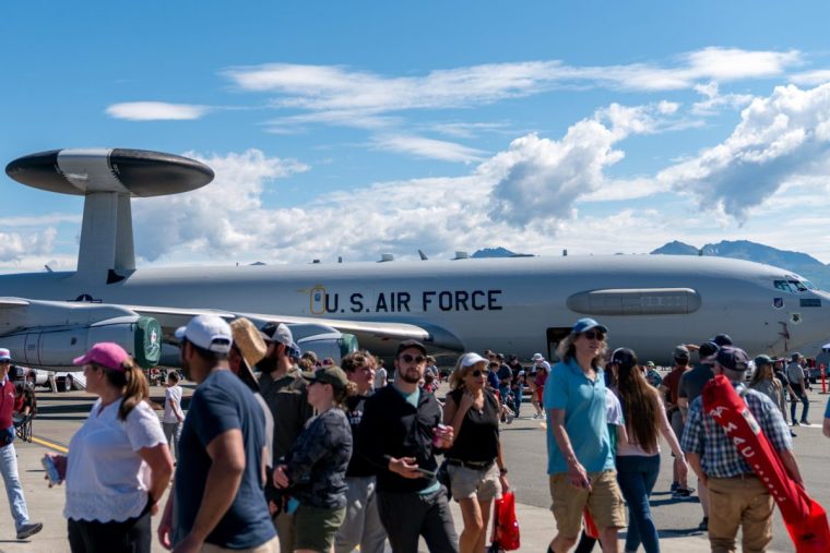 ANCHORAGE, ALASKA, UNITED STATES - JULY 22: Arctic Thunder Air Show welcomes more than 300,000 visitors, organized as a public event and featured 7 different international partners in various capacities at Joint Base Elmendorf-Richardson (JBER) military facility in Anchorage, Alaska, United States on July 22, 2024. It began with maneuvers by the US Air Force's prestigious Thunderbirds that plans to perform around 70 shows this year. Other notable performances included the USAF Air Combat Command F-22 Raptor, USAF Pacific Air Forces F-16 Viper and C-17 Globemaster III. The German Air Force's PA-200 Tornado and the U.S. Army Golden Knights parachute team also took the stage. (Photo by Hasan Akbas/Anadolu via Getty Images)