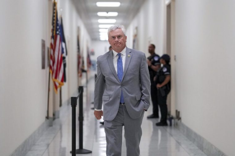 House Oversight Committee Chairman James Comer, R-Ky., speaks to reporters during a break in the deposition with former Attorney General Bill Barr, at the Capitol in Washington, Monday, August 18, 2025. (AP Photo/J. Scott Applewhite)