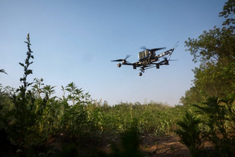 FILE PHOTO: A view shows an interceptor FPV-drone of the 1129th Bilotserkivskyi Anti-Aircraft Missile Regiment during its flight amid Russia's attack on Ukraine, in an undisclosed location in the Dnipropetrovsk region, Ukraine July 8, 2025. REUTERS/Valentyn Ogirenko/File Photo
