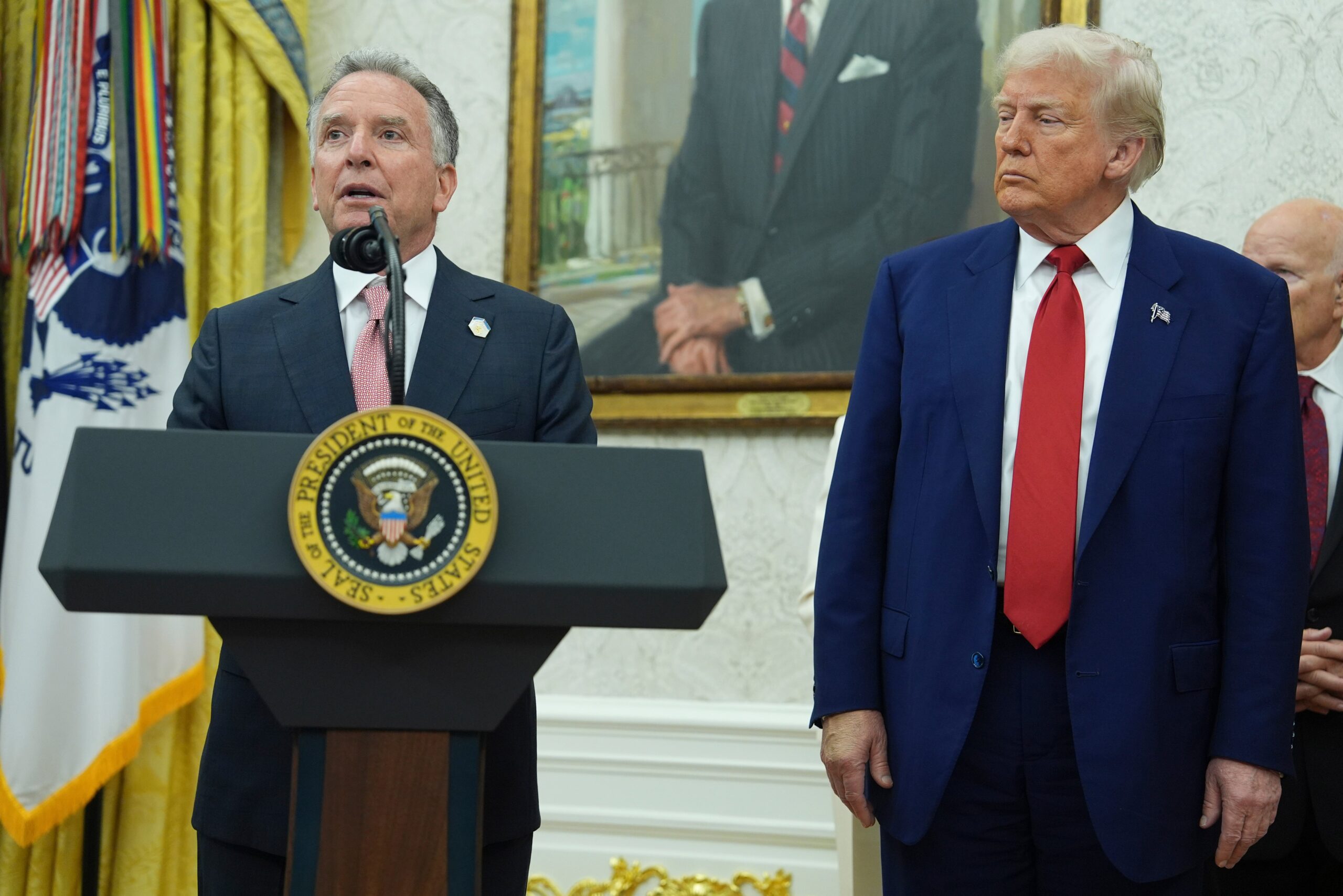 President Donald Trump listens as White House special envoy Steve Witkoff speaks in the Oval Office of the White House in Washington