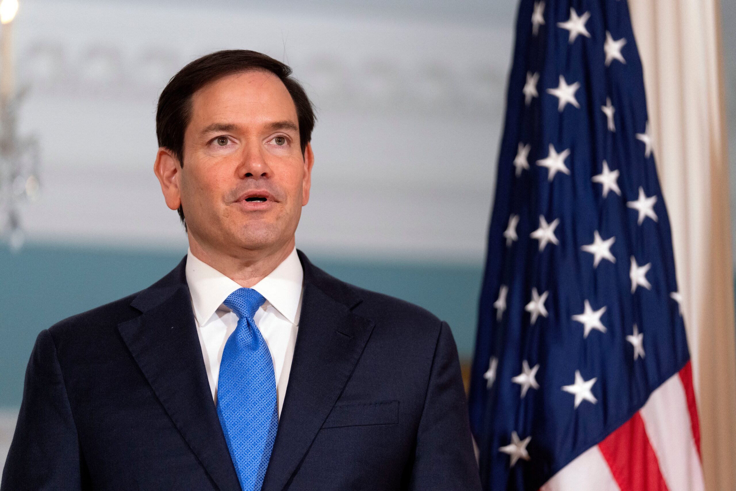 Secretary of state Marco Rubio answers a reporter's question ahead of a meeting with Serbian foreign minister Marko Djuric at the State Department in Washington DC