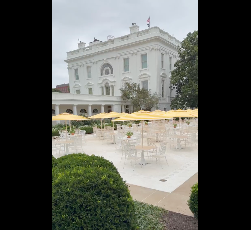 White House press gets a tour of the Rose Garden's new patio, which includes umbrellas from Mar-a-Lago, according to White House Press Secretary Karoline Leavitt