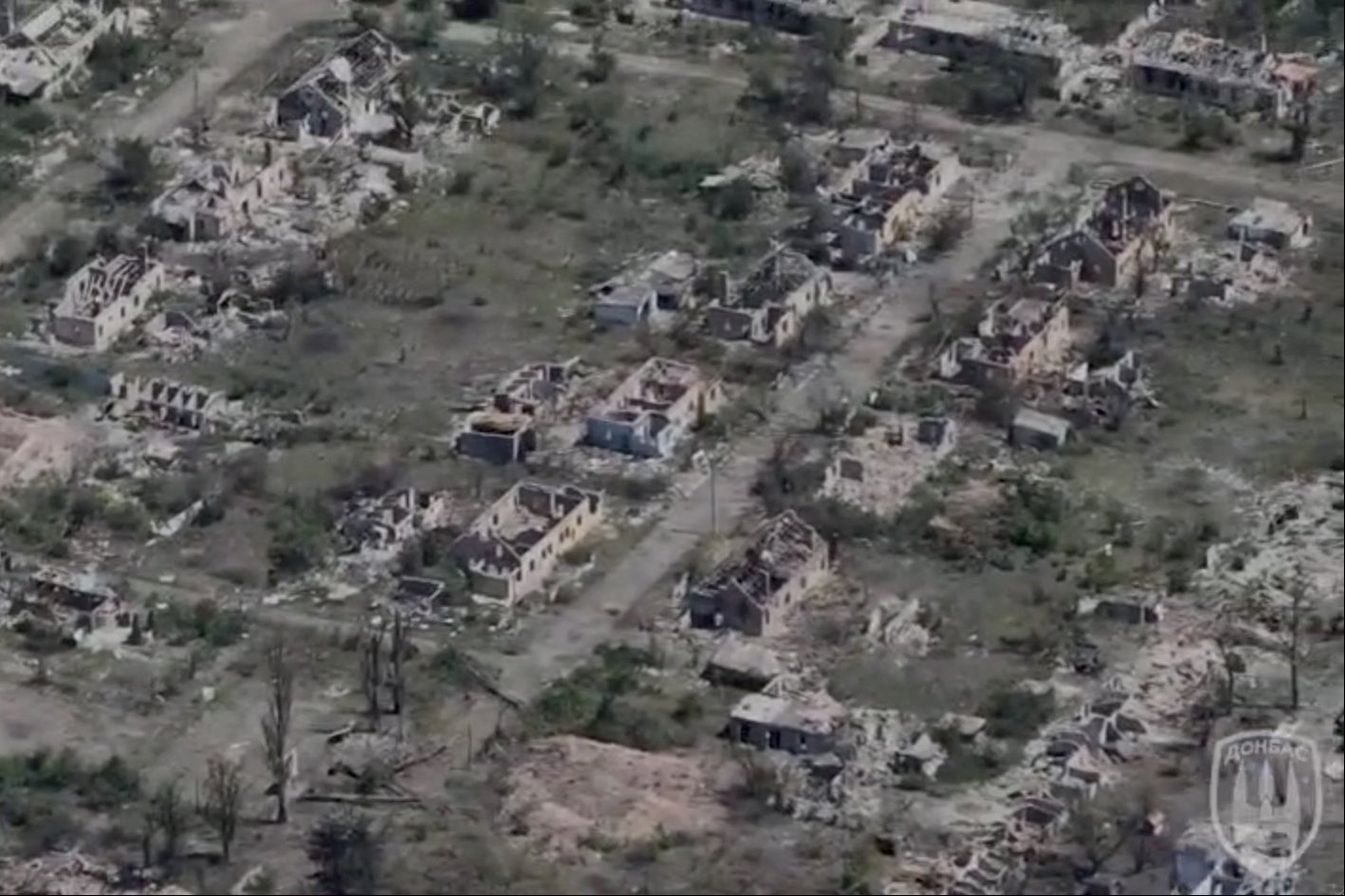 Drone view shows destroyed buildings in the frontline town of Chasiv Yar in Donetsk