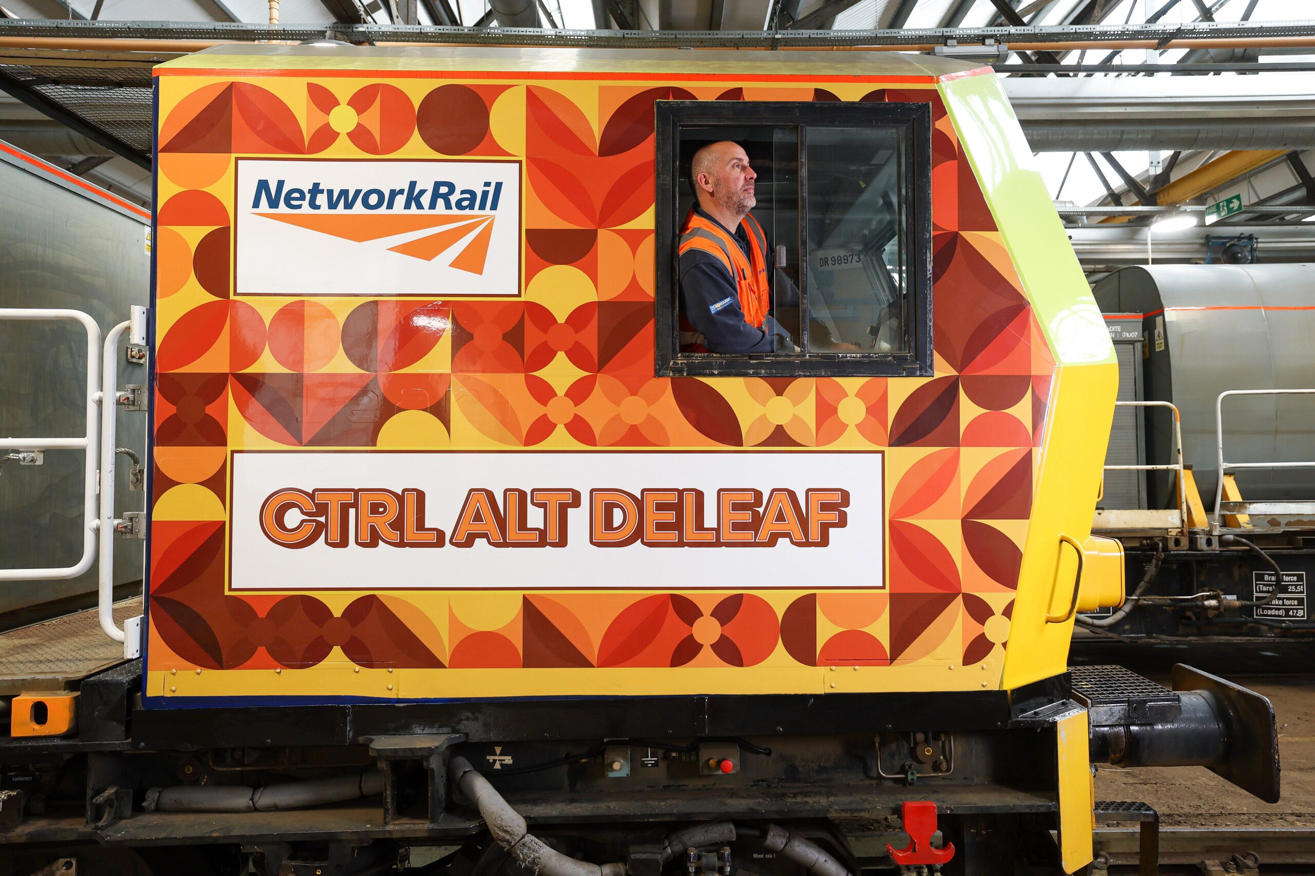Nathan Charman, Effingham Depot Supervisor, on a leaf-busting train named 'Crtl Alt Deleaf' by the public