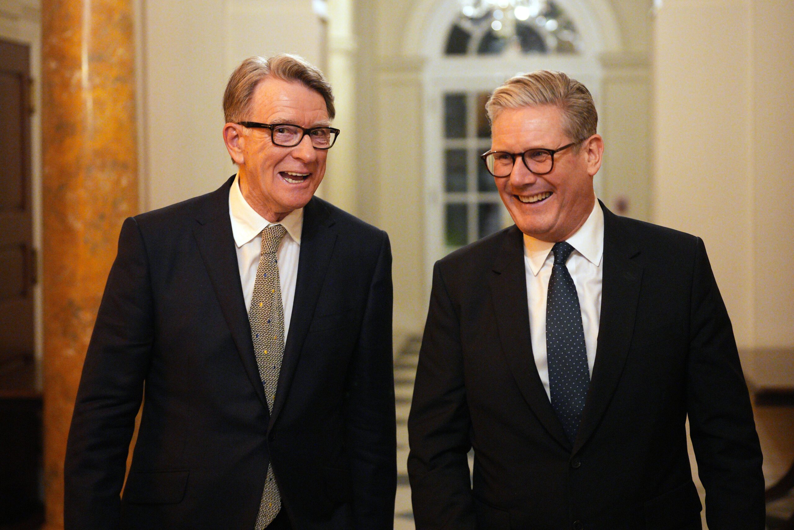 Prime Minister Sir Keir Starmer (right) and then-British ambassador to the United States Lord Peter Mandelson during a welcome reception at the ambassador’s residence in Washington DC (Carl Court/PA)