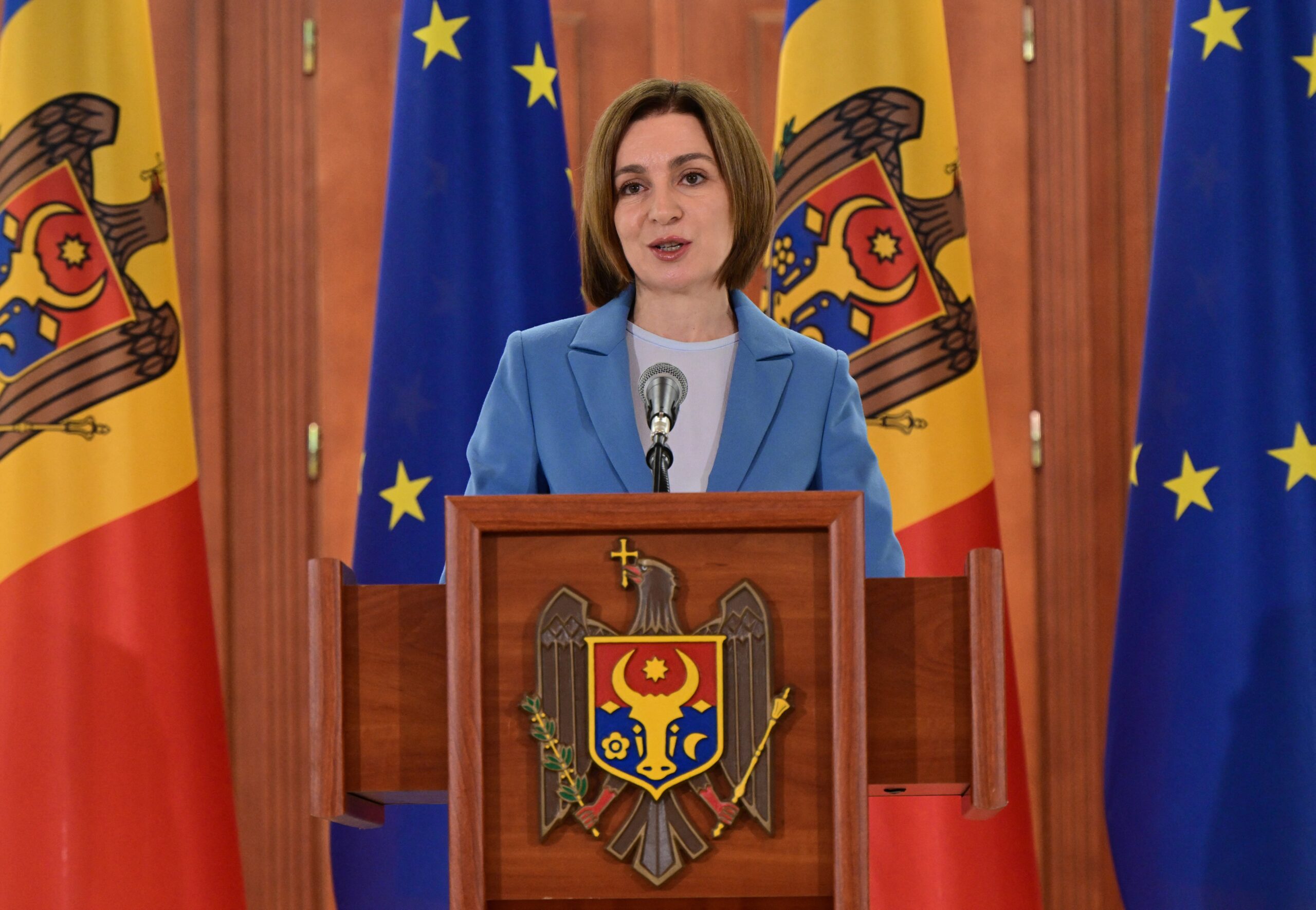 Moldova's president Maia Sandu delivers remarks during a press conference at the Presidency headquarters in Chisinau 29 September 2025