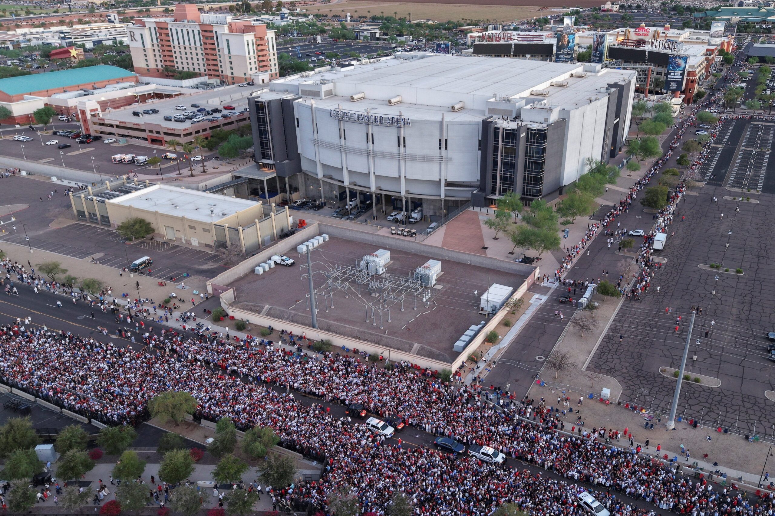 Drone images capture the crowd outside