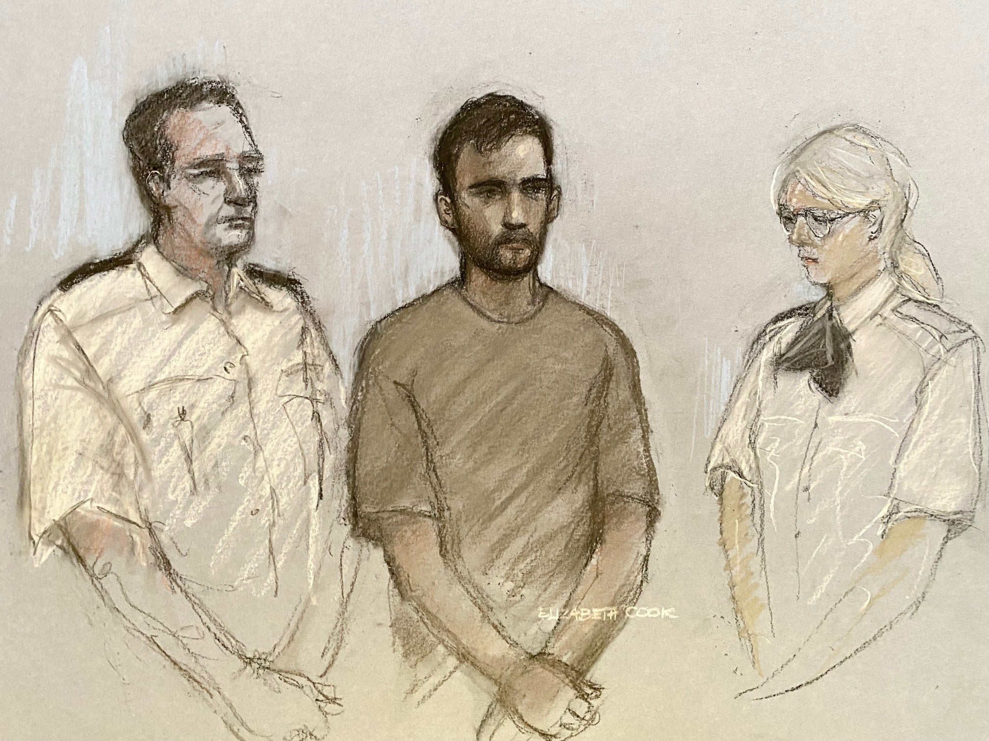 A court sketch of Mohammed Sharwarq, centre
