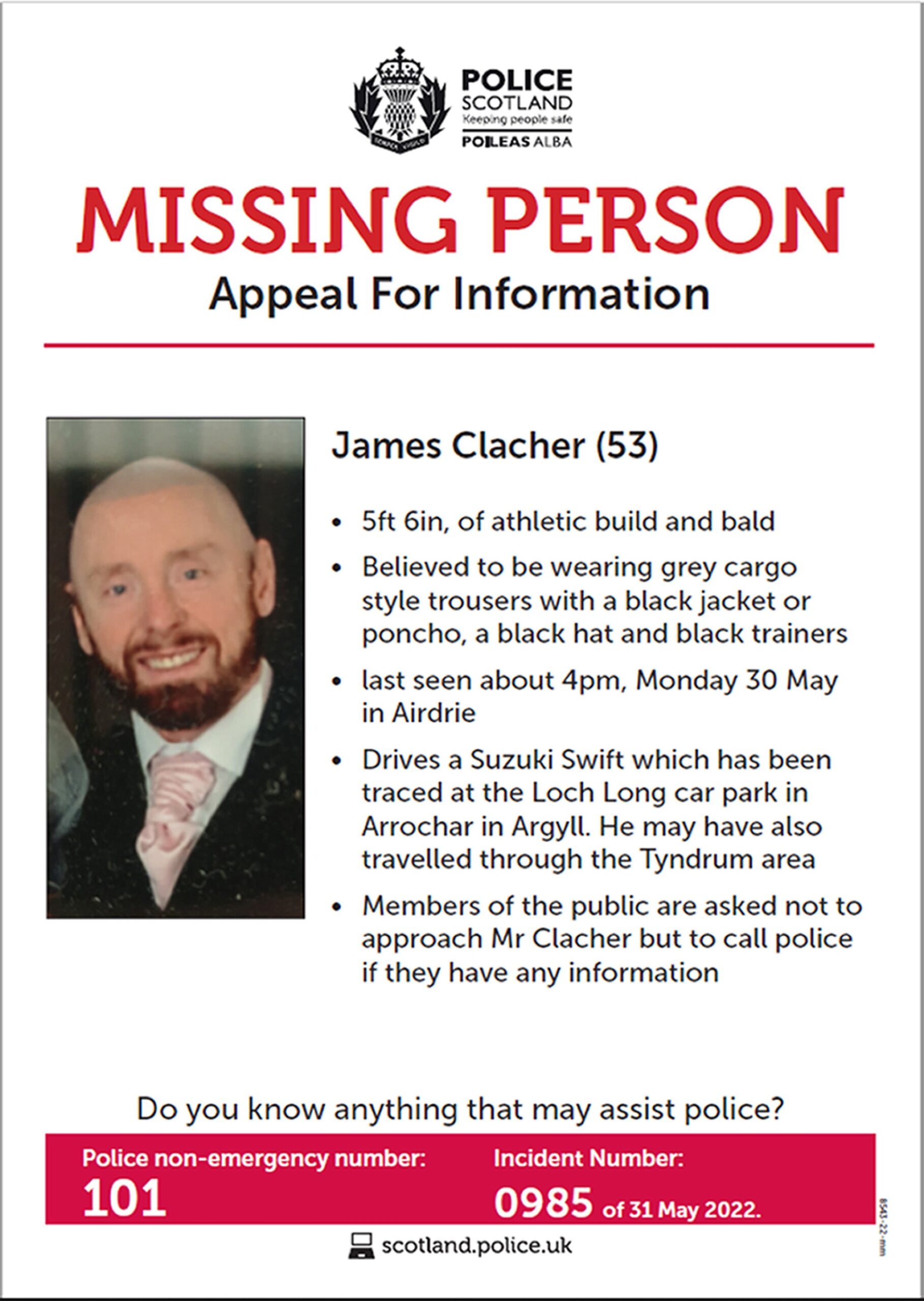 A missing person poster distributed by Police Scotland after James Clacher went missing