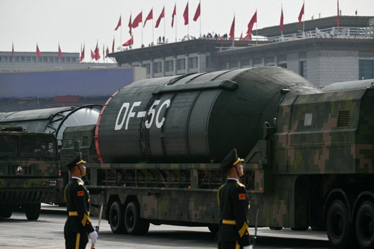 A DF-5C intercontinental ballistic missile is seen during a military parade marking the 80th anniversary of victory over Japan and the end of World War II, in Beijing's Tiananmen Square on September 3, 2025. (Photo by Greg Baker / AFP) (Photo by GREG BAKER/AFP via Getty Images)