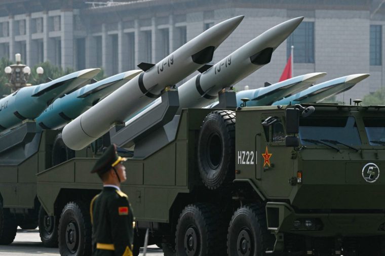 YJ-19, China's first operational hypersonic cruise missile, is seen during a military parade marking the 80th anniversary of victory over Japan and the end of World War II, in Beijing's Tiananmen Square on September 3, 2025. (Photo by GREG BAKER / AFP) (Photo by GREG BAKER/AFP via Getty Images)
