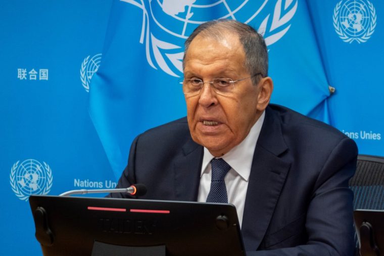 Russia's Minister for Foreign Affairs Sergey Lavrov holds a news conference at U.N. headquarters during the 80th session of the United Nations General Assembly, Saturday, Sept. 27, 2025. (AP Photo/Ted Shaffrey)