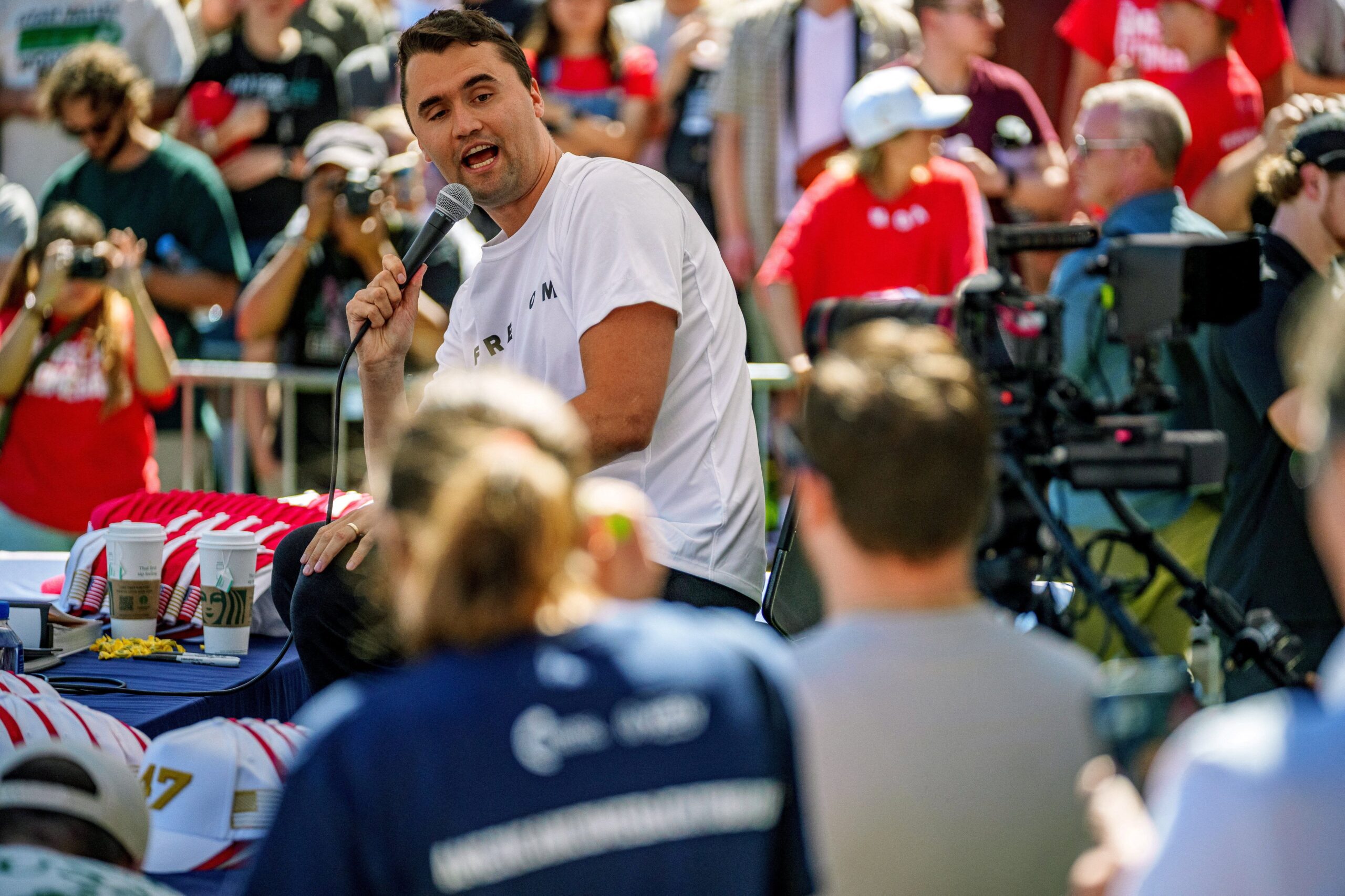Charlie Kirk speaking at Utah Valley University shortly before he was shot