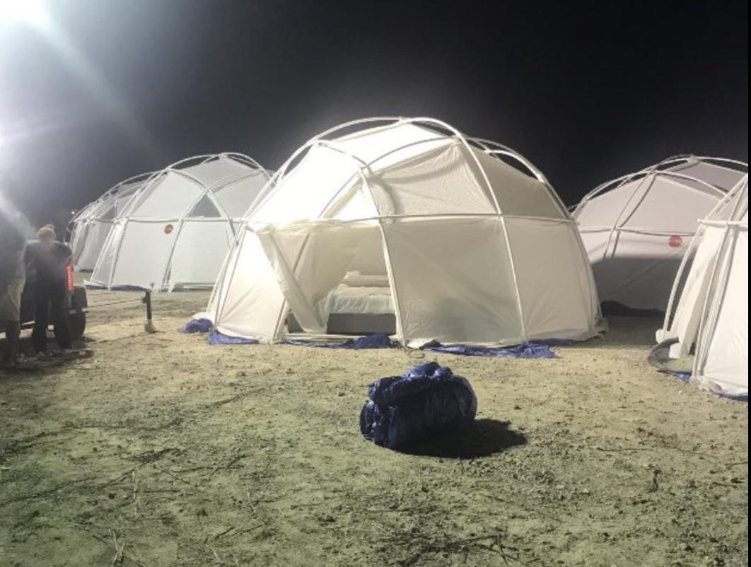 An image of the famous Fyre Festival accommodations, which turned out to be humble disaster relief tents rather than the luxury pads initially promised
