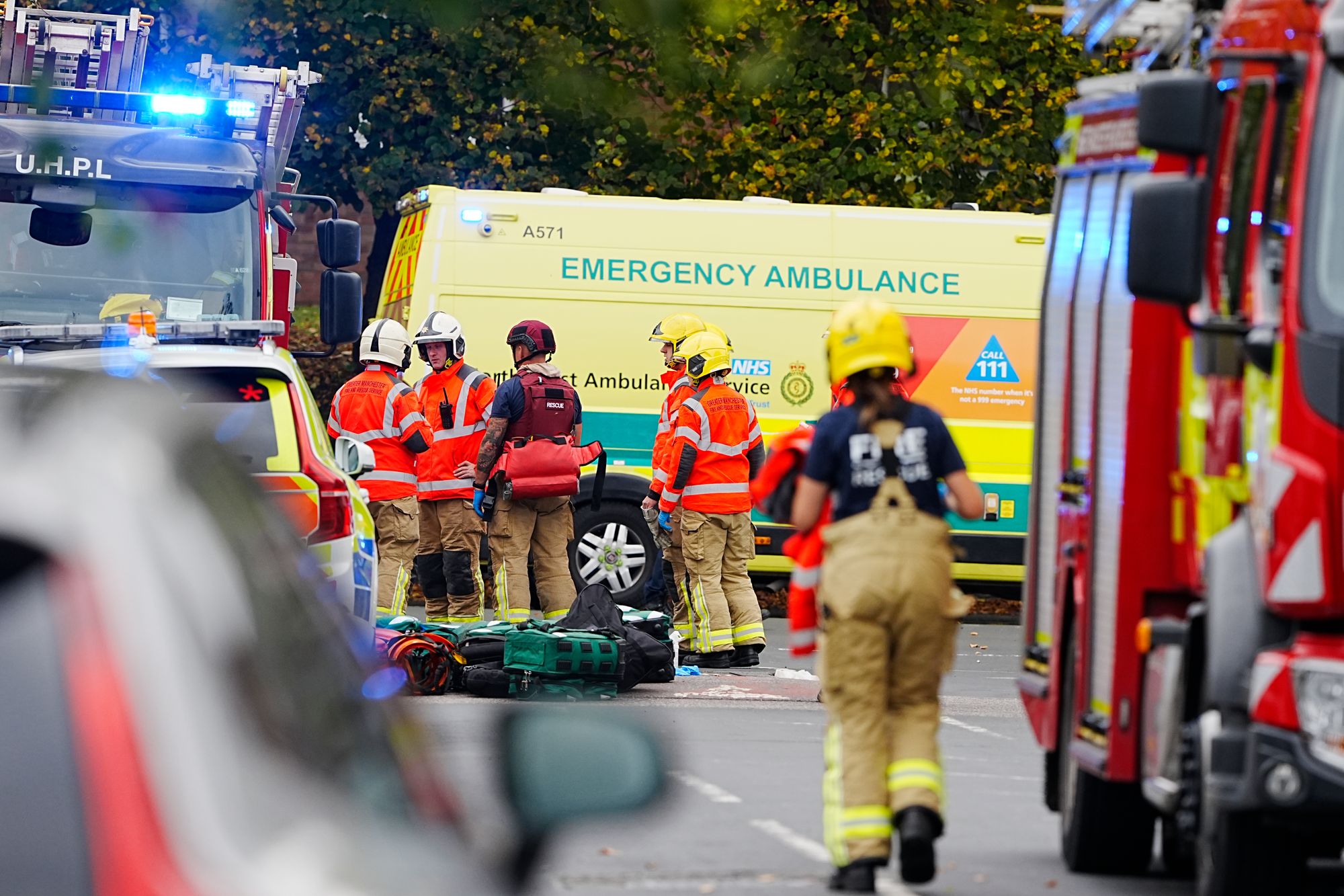 Emergency services at the scene of an incident at Heaton Park Hebrew Congregation synagogue in Crumpsall, Manchester, where police have shot a suspect after several people were stabbed and a car was driven at members of the public