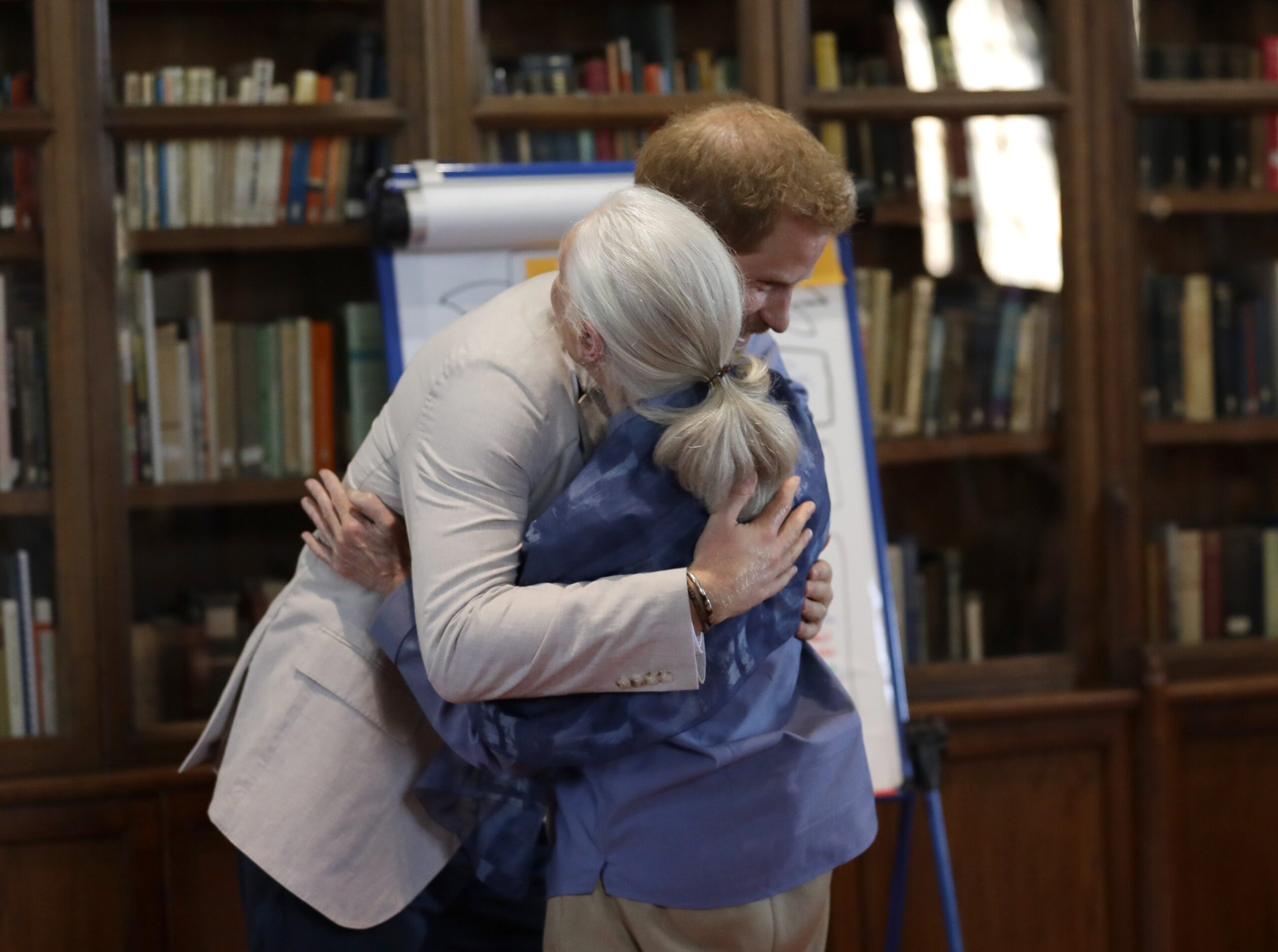 Harry hugging Dame Jane Goodall when he attended her Roots & Shoots global leadership meeting at Windsor Castle in July 2019
