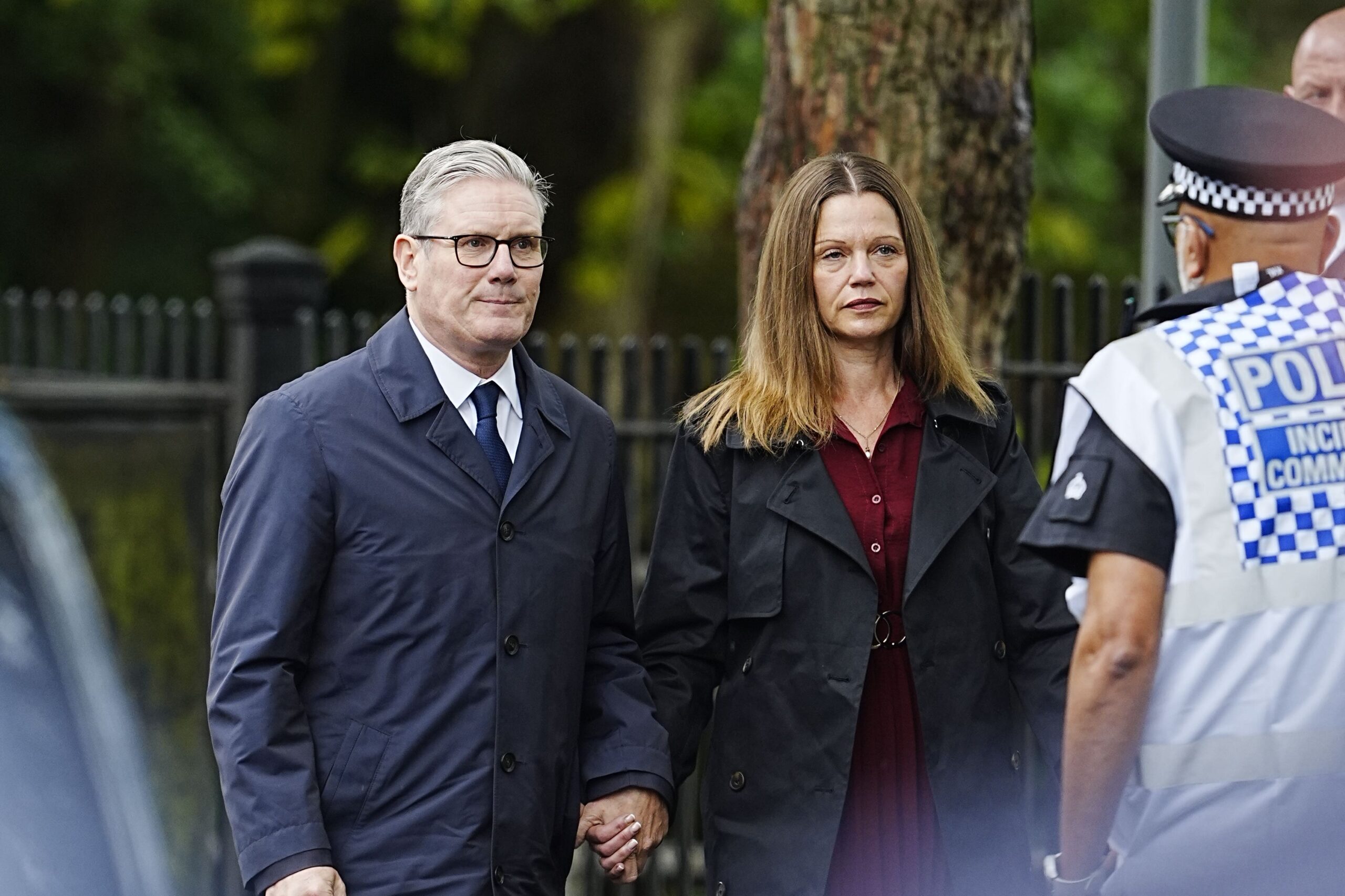 Prime Minister Sir Keir Starmer and Lady Victoria Starmer during a visit to the scene where two people died in a terror attack on Thursday