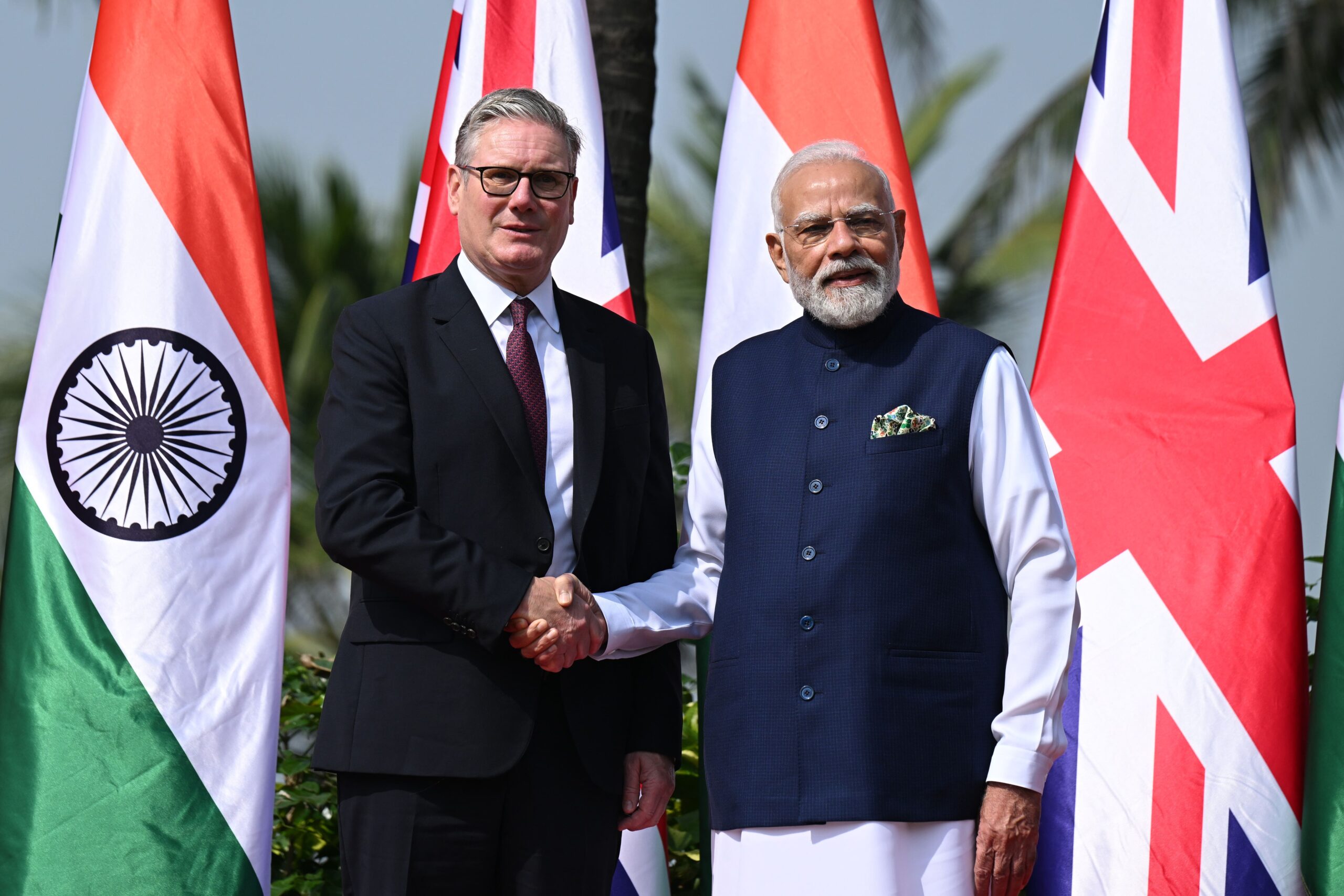 Sir Keir Starmer is greeted by Narendra Modi on his arrival at Raj Bhavan, in Mumbai, ahead of a bilateral meeting