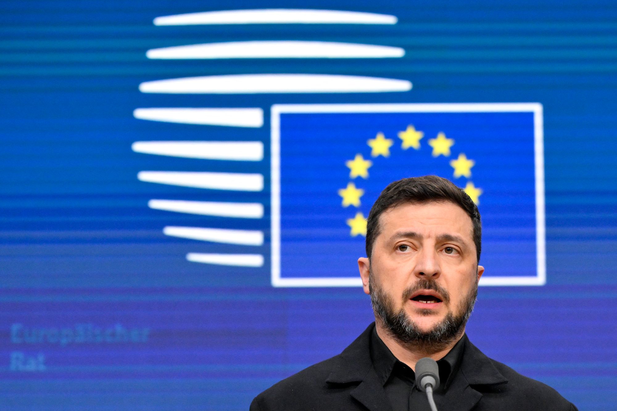 Volodymyr Zelensky speaks to press during the European Council meeting in Brussels