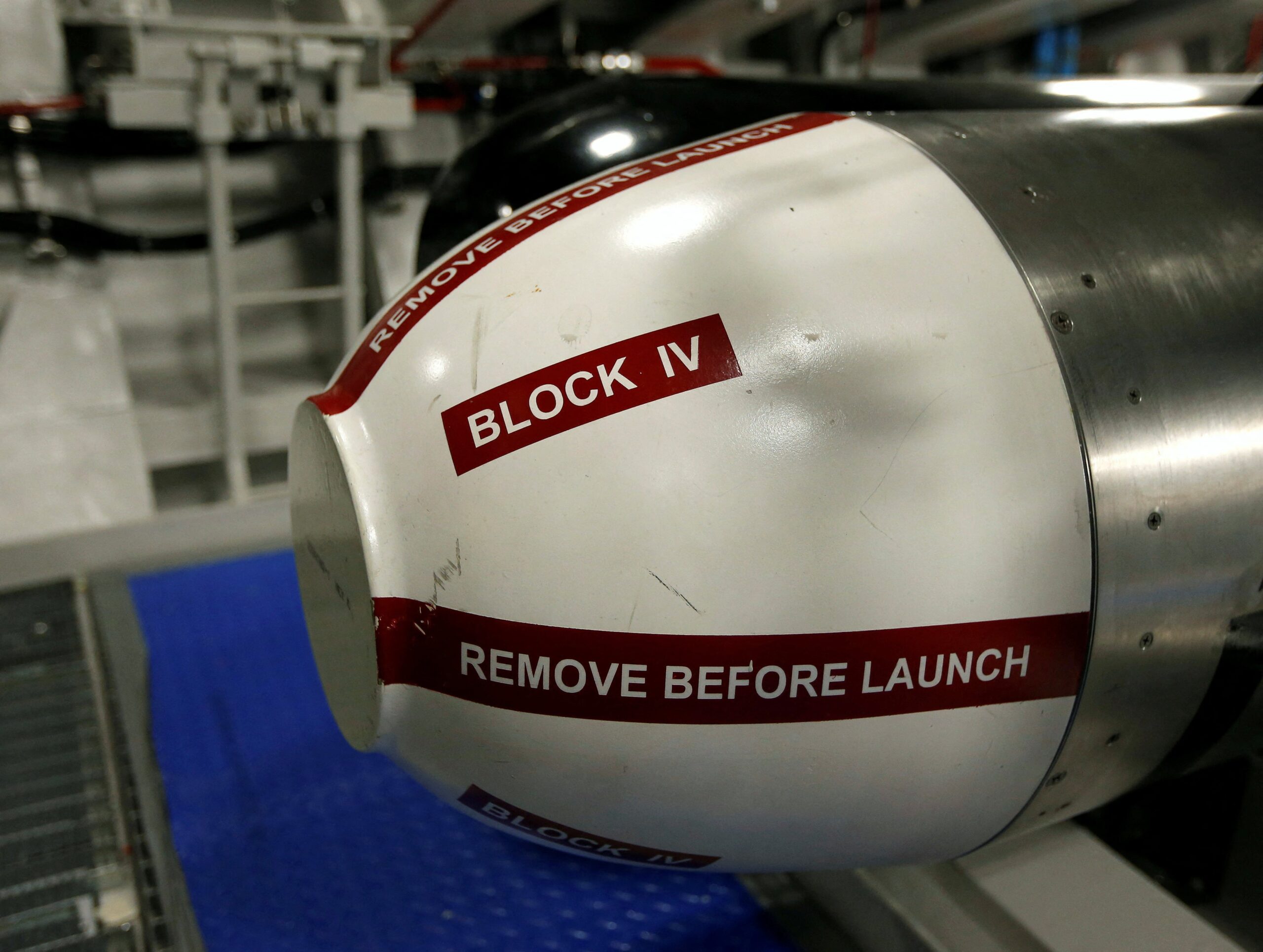 File: A dummy Tomahawk land attack missile is seen onboard HMS Artful, the third of the Royal Navy's Astute class submarines