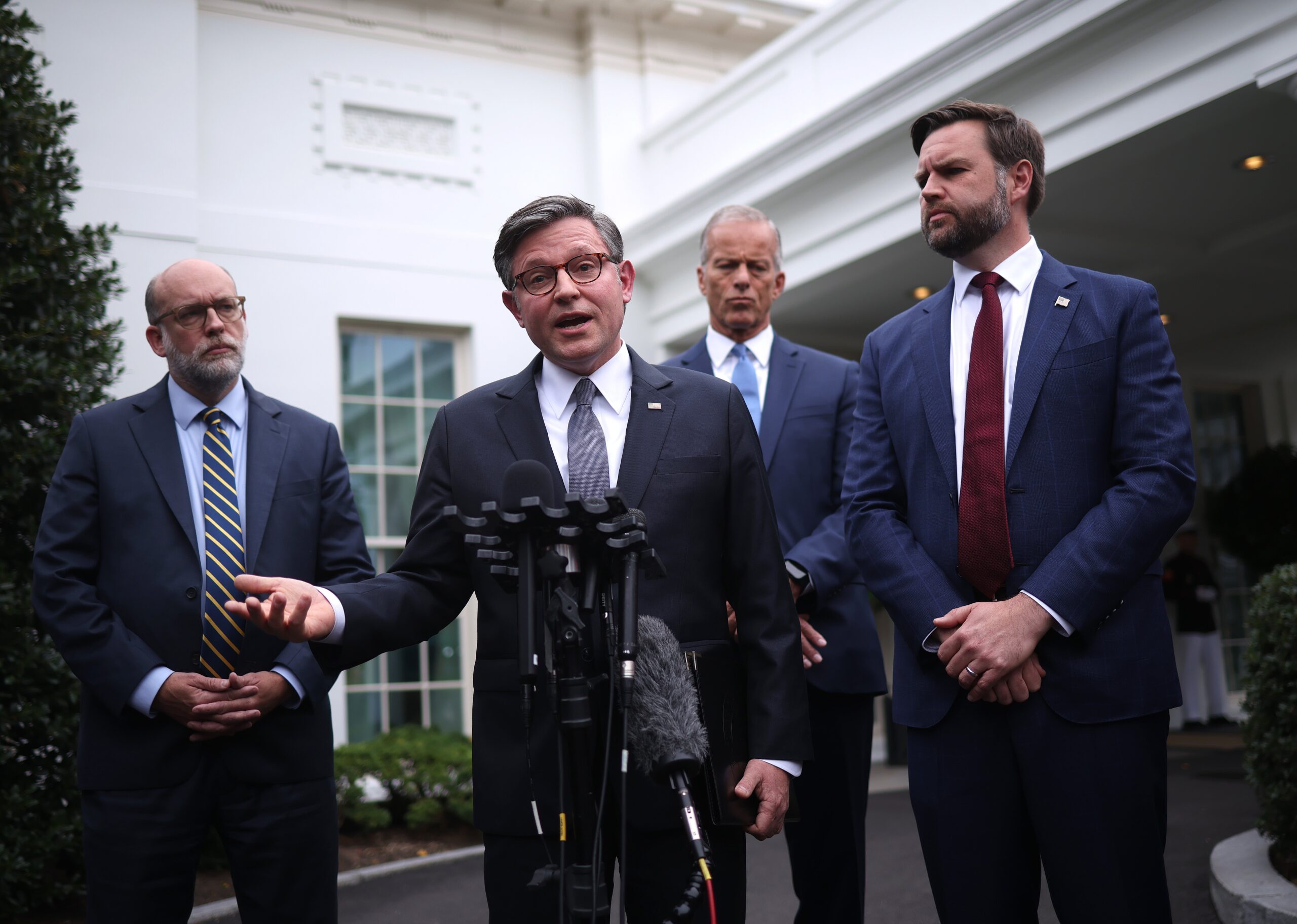 “Don't shut down the government because you don't get what you want,” Vice President JD Vance (pictured talking shutdown with House Speaker Mike Johnson at microphone, Senate Majority Leader John Thune and Trump budget director Russell Vought) told Fox News Wednesday.