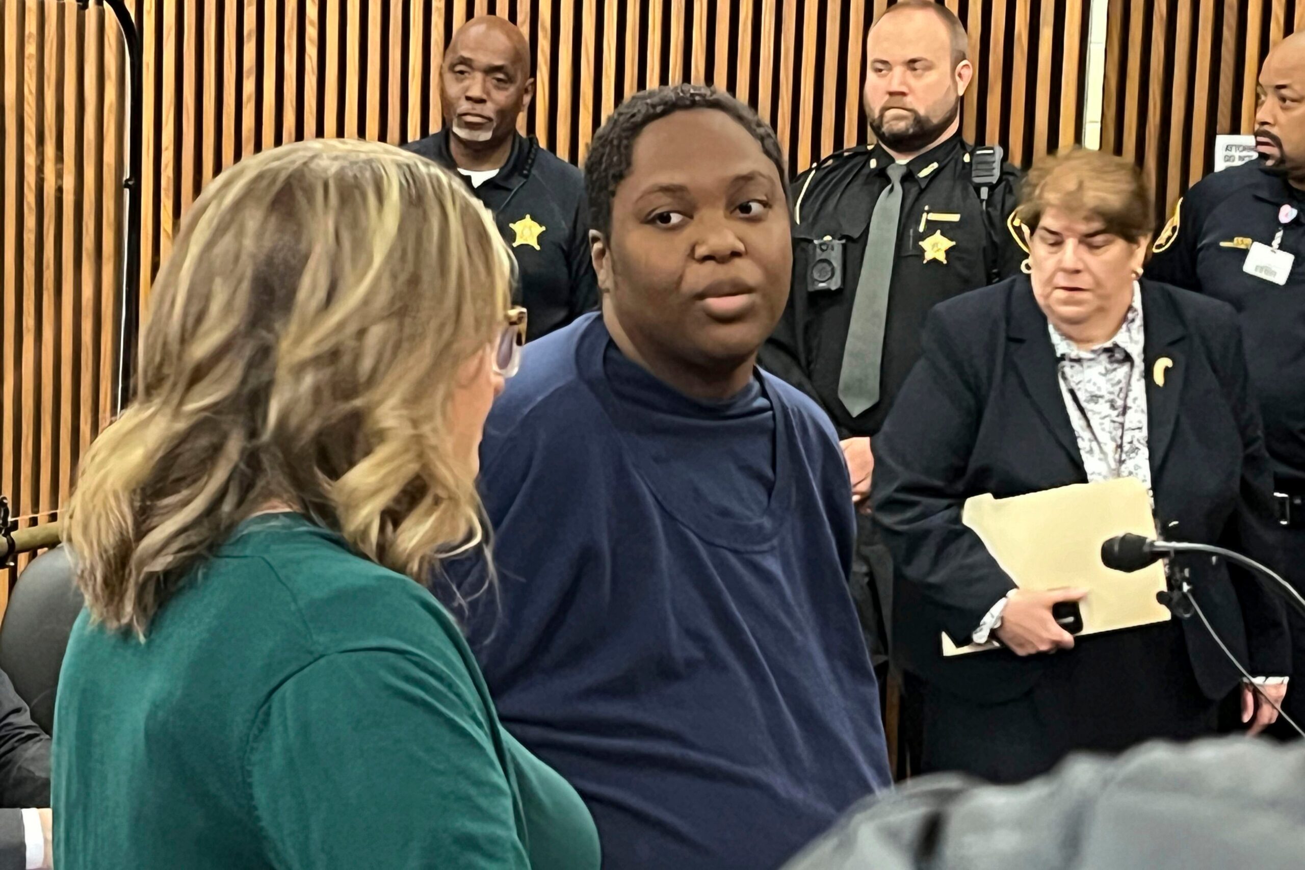 Bionca Ellis, 32, center right, appears in the Cuyahoga County Common Pleas court, Monday, June 10, 2024, in Cleveland, Ohio, in the stabbing death of 3-year-old Julian Wood in a grocery store parking lot in June. (Cory Shaffer/Cleveland.com via AP, File)