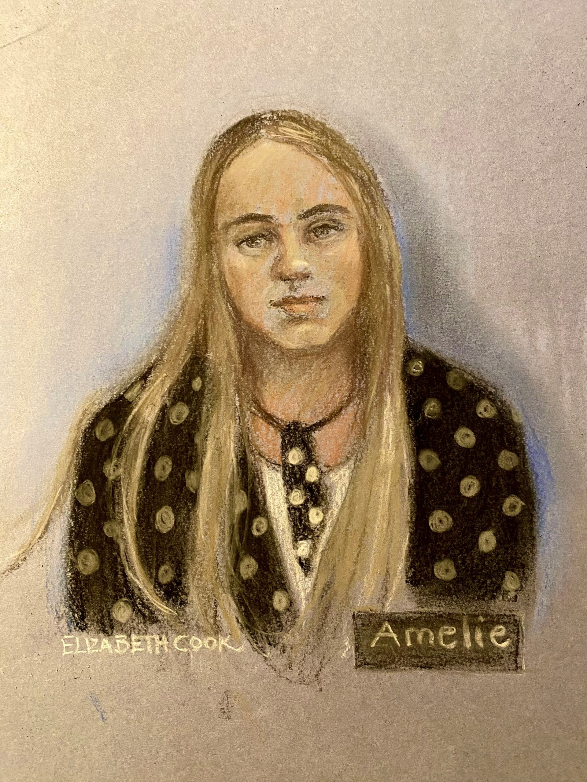 Court artist sketch of Amelie McCann giving evidence via video link to Leicester Crown Court