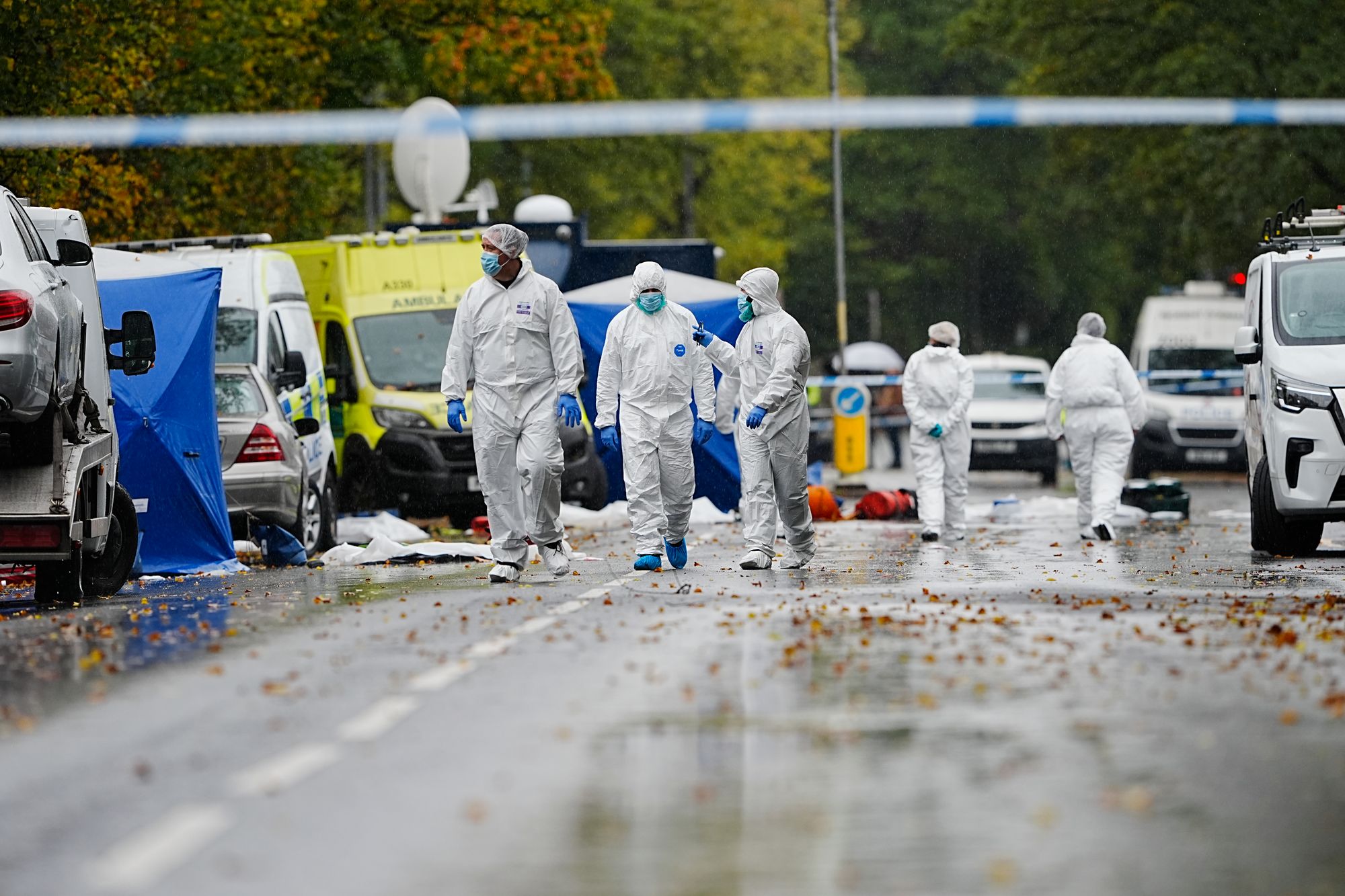 Forensic officers outside the scene at Heaton Park Hebrew Congregation