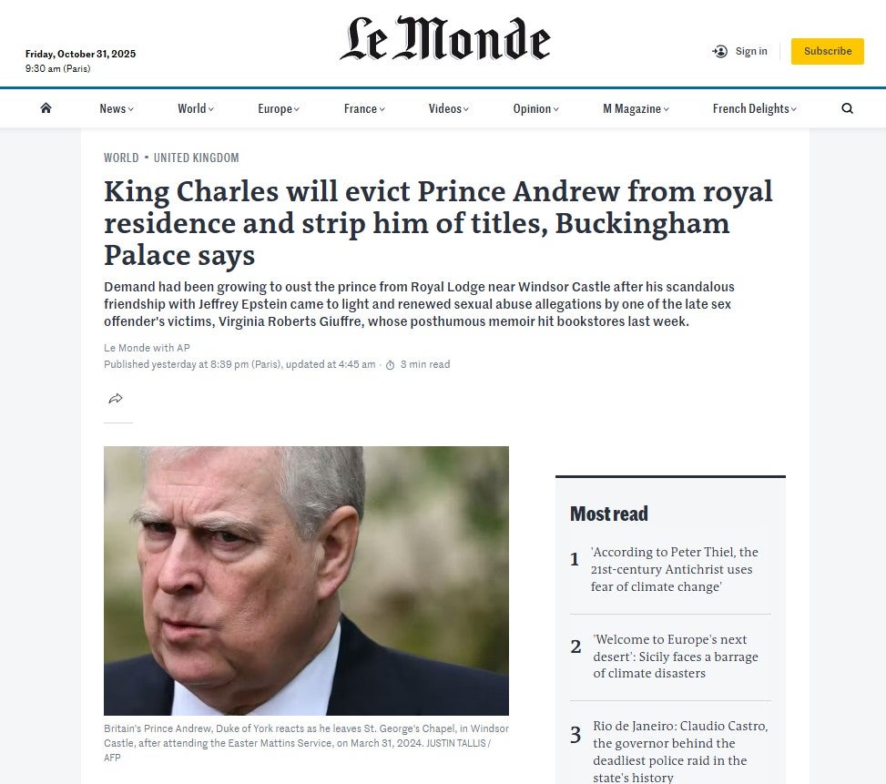 Elsewhere in Europe, French newspaper Le Monde said it is “almost unprecedented for a British prince or princess to be stripped of that title”.