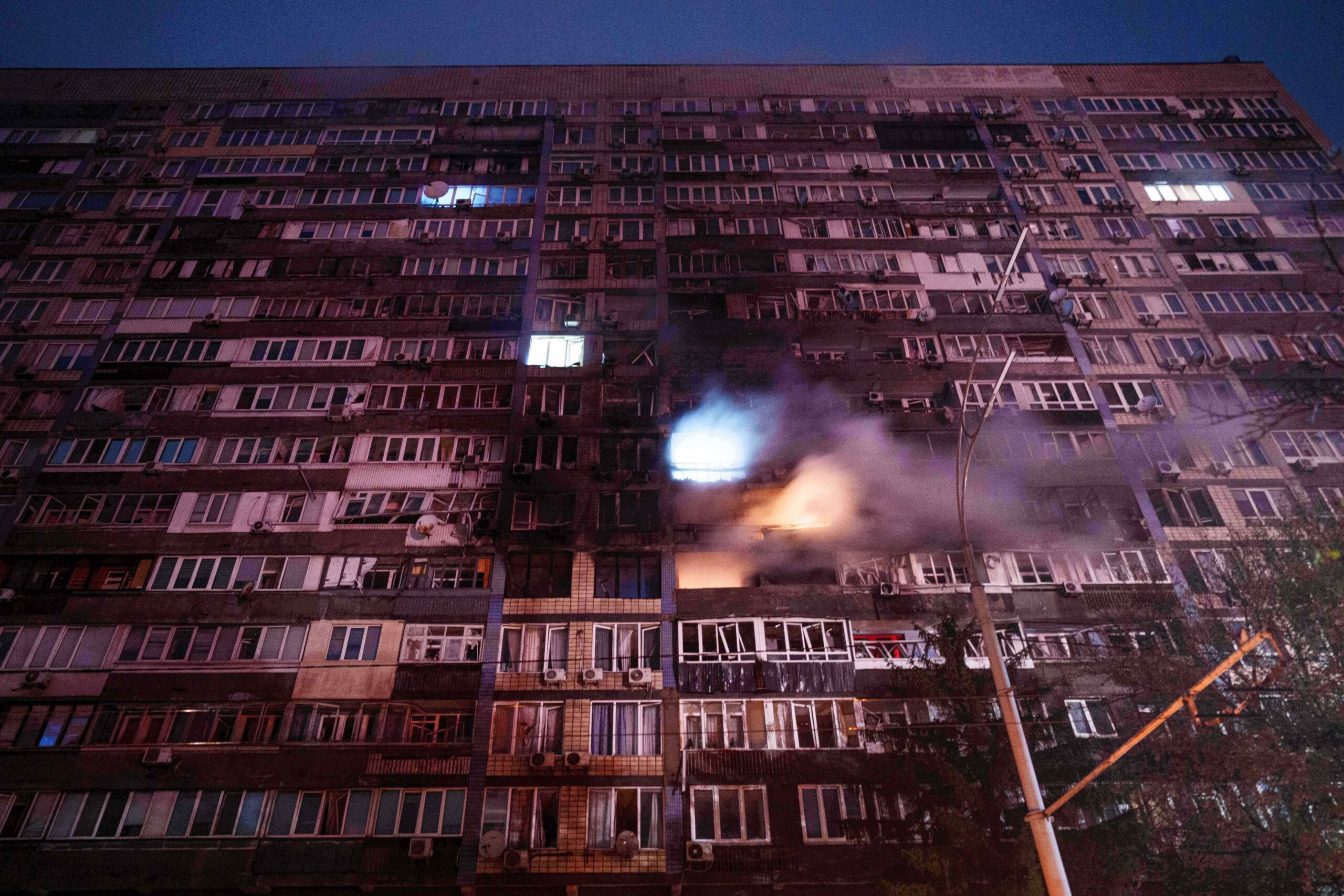 A residential building is damaged by a Russian strike on a residential neighborhood in Kyiv