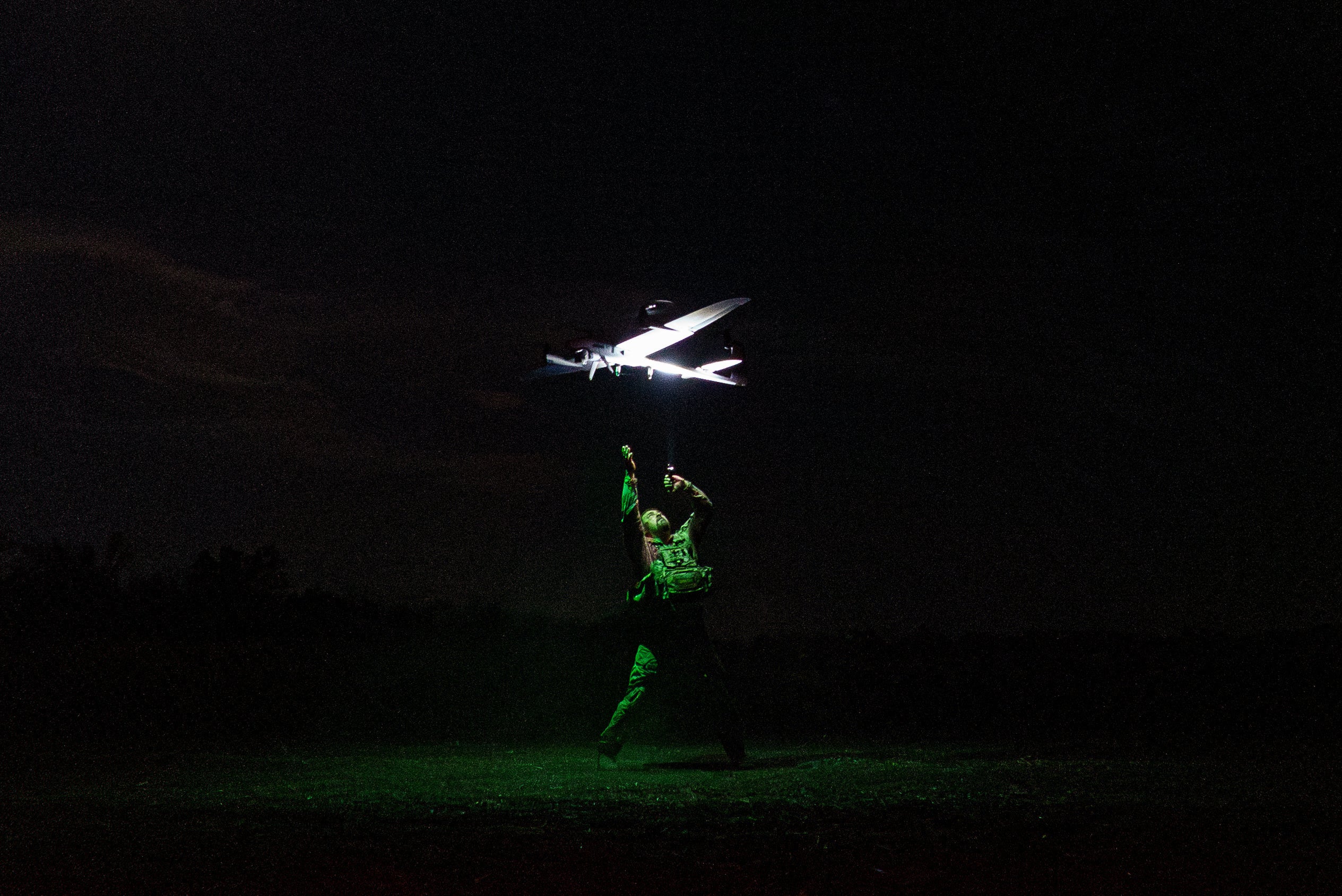 A Ukrainian serviceman launches a reconnaissance drone at the frontline in the Donetsk region on 6 September 2025