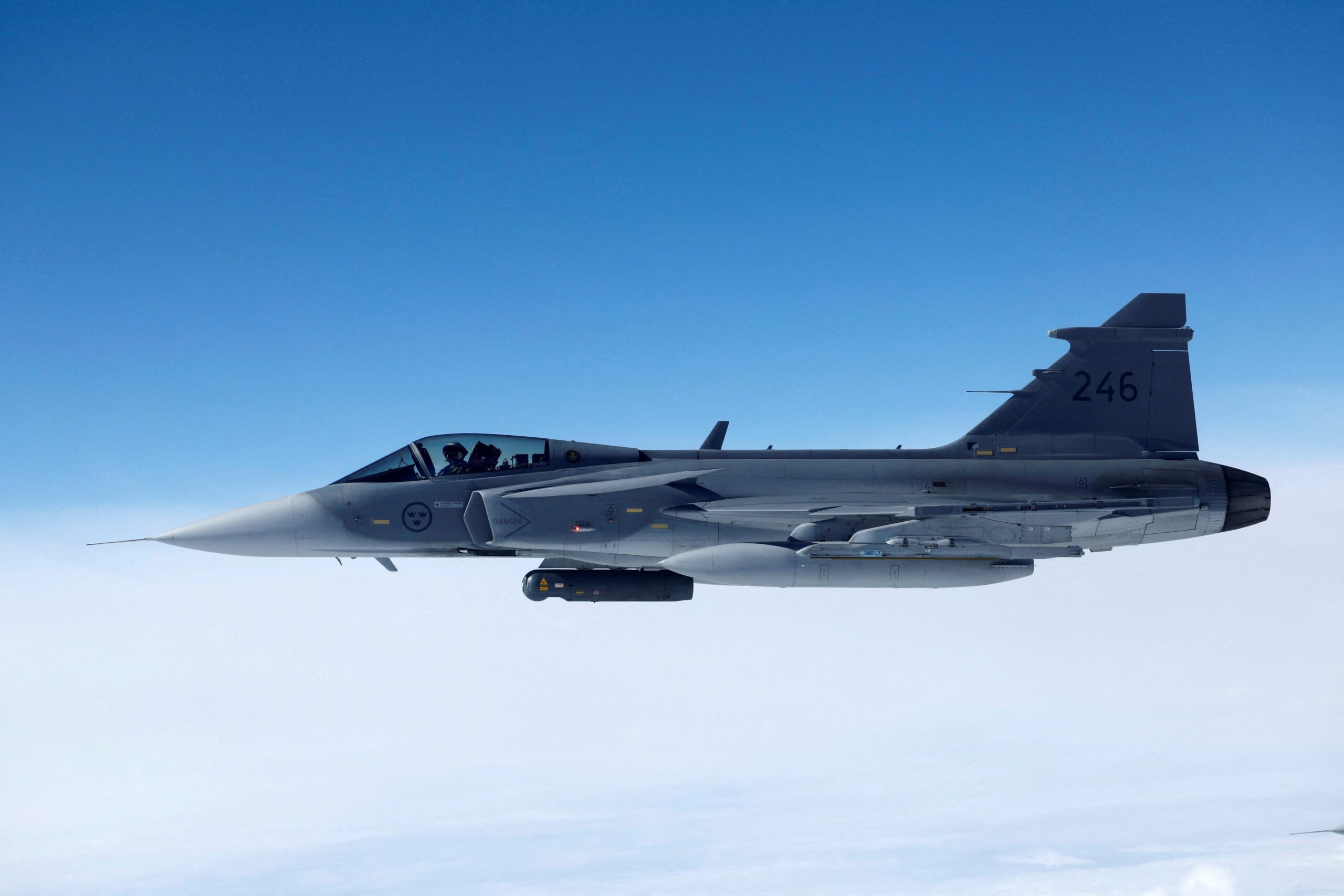 A Swedish Air Force Saab JAS 39 Gripen fighter jet flies during a media day