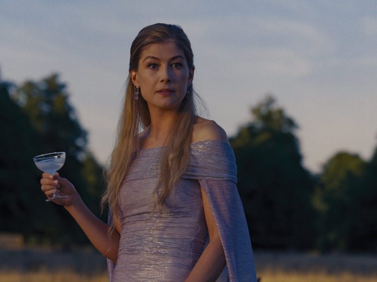 Rosamund Pike plays the dim and privileged Lady Elspeth, opposite Jacob Elordi as her empty-headed son, in 'Saltburn' (Photo: Prime Video)