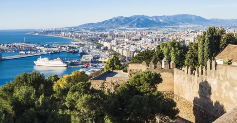 View of the port at Malaga from the Gibralfaro Castle, Malaga, Costa del Sol, Spain.