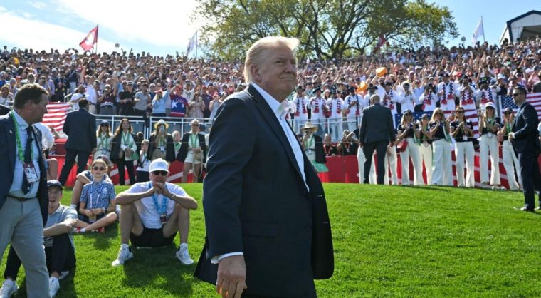 FARMINGDALE, NEW YORK - SEPTEMBER 26: U.S. President Donald Trump attends the 2025 Ryder Cup at Black Course at Bethpage State Park Golf Course on September 26, 2025 in Farmingdale, New York. In his second term, Trump has attended several major sporting events. (Photo by Mandel Ngan-Pool/Getty Images)