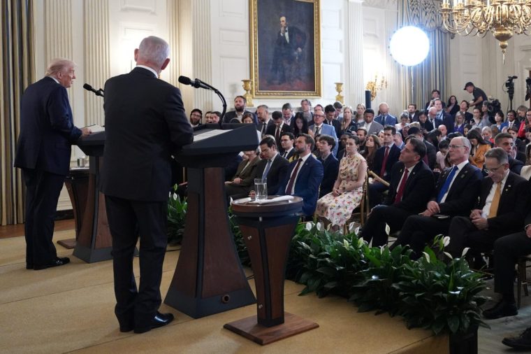 President Donald Trump, from left, speaks during a news conference with Israeli Prime Minister Benjamin Netanyahu in the State Dining Room of the White House, Monday, Sept. 29, 2025, in Washington. (AP Photo/Evan Vucci)
