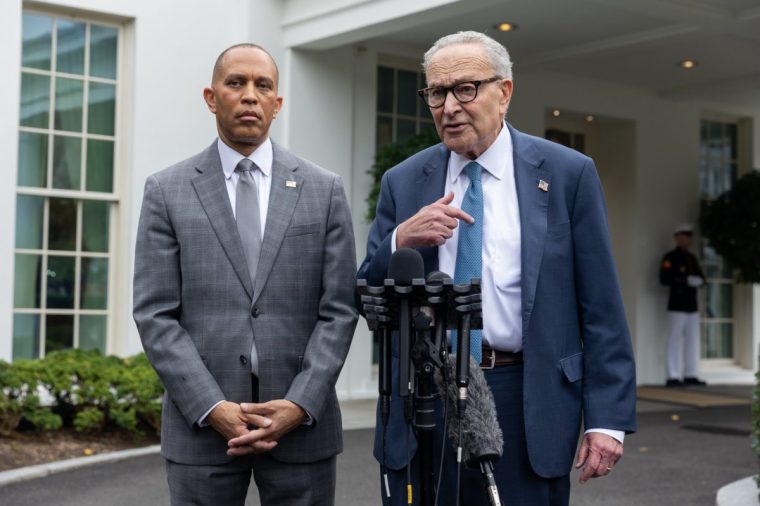 WASHINGTON D.C, UNITED STATES - SEPTEMBER 29: Senate Minority Leader Chuck Schumer (D-NY) speaks during a press conference alongside House Minority Leader Hakeem Jeffries (D-NY), following a meeting between the Congressional Democratic leaders and President Trump and Congressional Republican leadership on funding the government, outside of the White House in Washington DC, United States on September 29, 2025. (Photo by Nathan Posner/Anadolu via Getty Images)