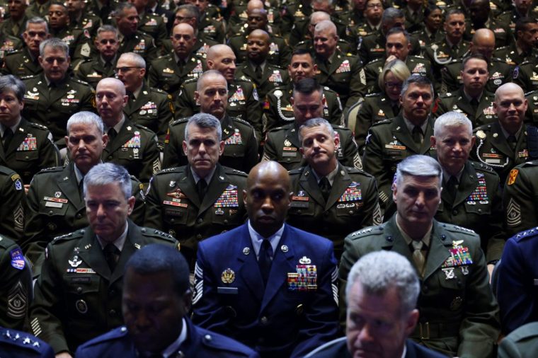 QUANTICO, VIRGINIA - SEPTEMBER 30: Senior military leaders look on at Marine Corps Base Quantico on September 30, 2025 in Quantico, Virginia. In an unprecedented gathering, almost 800 generals, admirals and their senior enlisted leaders have been ordered into one location from around the world on short notice. (Photo by Alex Wong/Getty Images) *** BESTPIX ***