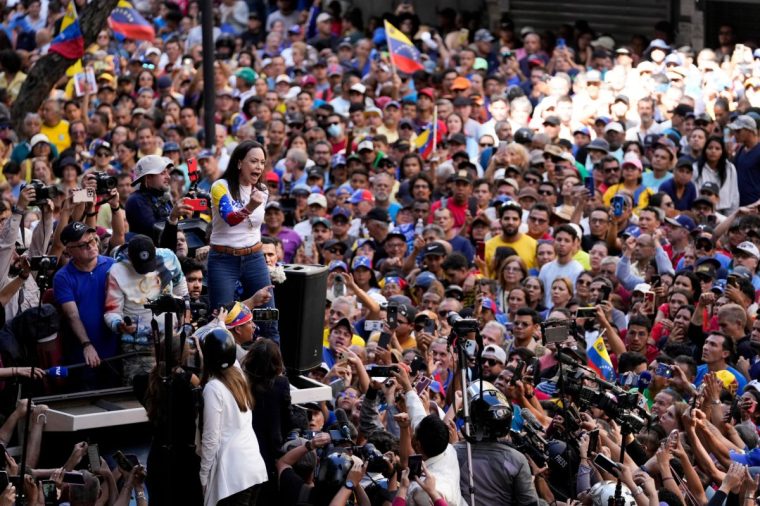FILE - Opposition leader Maria Corina Machado addresses supporters during a protest against Venezuelan President Nicolas Maduro the day before his inauguration for a third term in Caracas, Venezuela, Thursday, Jan. 9, 2025. (AP Photo/Matias Delacroix, File)