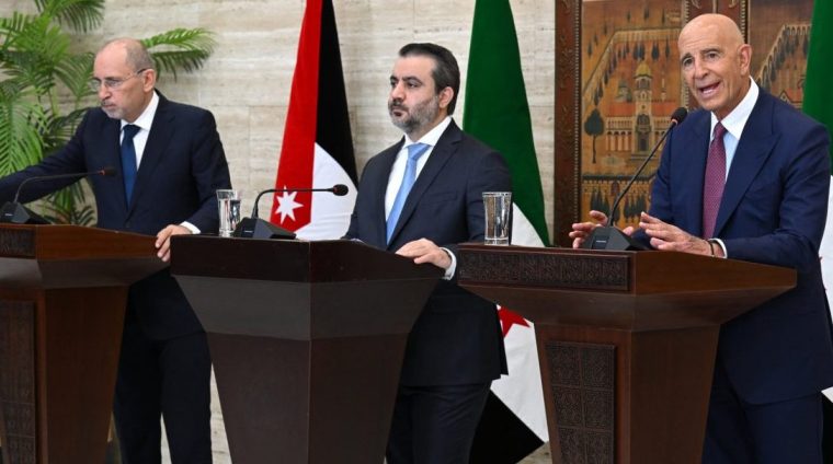 (From L) Jordan's Foreign Minister Ayman Safadi, Syrian Foreign Minister Asaad al-Shaibani and US special envoy for Syria Tom Barrack attend a press conference after the signing of an agreement in Damascus on September 16, 2025. Shaibani announced on September 16 a plan backed by Jordan and the United States to restore calm to Druze-majority Sweida province, which witnessed deadly violence in July. (Photo by LOUAI BESHARA / AFP) (Photo by LOUAI BESHARA/AFP via Getty Images)