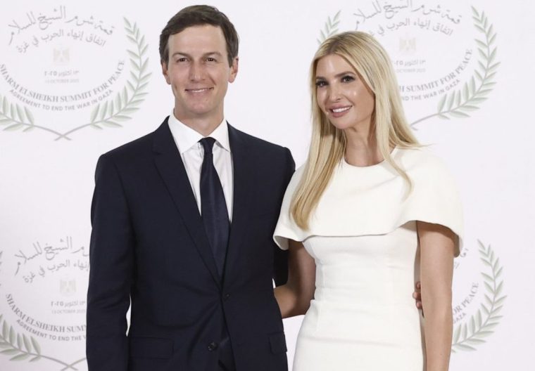 Ivanka Trump, daughter of US President Trump, and her husband Jared Kushner pose during the greetings ceremony before the family picture at the Gaza Peace Summit in Sharm el-Sheikh, Egypt, Monday, Oct.13 2025. (Yoan Valat, Pool photo via AP)