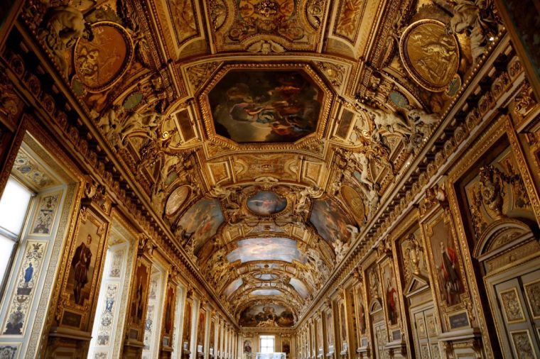 This photograph taken on October 14, 2020 shows the 60mt. long painted ceilings of Apollo gallery at the Louvre Museum, deserted by tourists due to the Covid-19 pandemic, in Paris, on October 14, 2020. (Photo by Ludovic MARIN / AFP) (Photo by LUDOVIC MARIN/AFP via Getty Images)