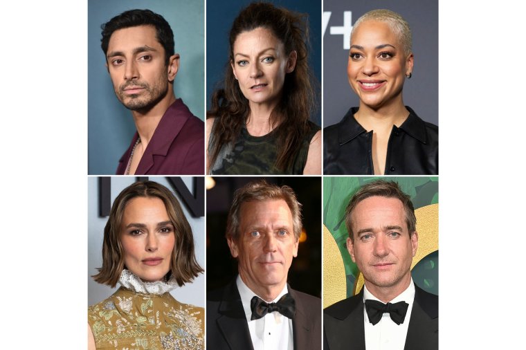 This combination of images shows actors lending their voices to the Audible Harry Potter series, top row from left, Riz Ahmed, as Professor Snape, Michelle Gomez, as Professor McGonagall, Cush Jumbo as the narrator, bottom row from left, Keira Knightley, as Dolores Umbridge, Hugh Laurie, as Albus Dumbledore, and Matthew Macfadyen, as Voldemort. (AP Photo)