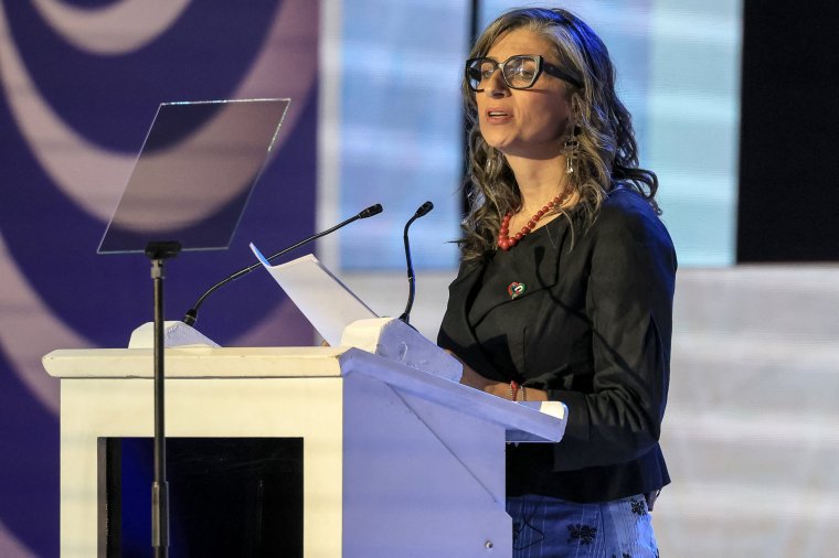 United Nations (UN) Special Rapporteur on the occupied Palestinian territories Francesca Albanese delivers the Nelson Mandela Annual Lecture at the Sandton Convention Centre in Sandton, Johannesburg, on October 25, 2025. (Photo by PHILL MAGAKOE / AFP) (Photo by PHILL MAGAKOE/AFP via Getty Images)