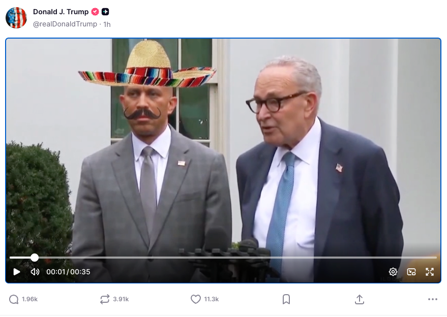 Trump posted a video of Hakeem Jeffries with a moustache and sombrero on his Truth Social. Jeffries labeled the post “racist,” before JD Vance defended it as “funny”