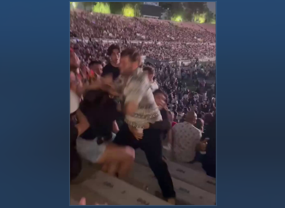 A man who police have identified as Julio Cesar Lopez Zavala attacks Shelby Lynn Elston during a concert at the Rose Bowl on August 16, 2025. A video shows the man hitting Elston multiple times, knocking her unconscious and leaving her bloodied and bruised